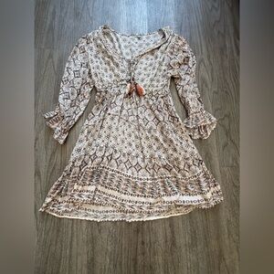 Nostalgia Cream Dress with Teal & Brown Geometric Print